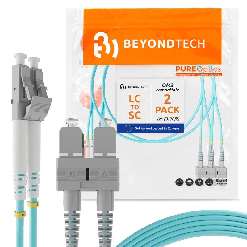BEYONDTECH 1m (3.28ft) LC to SC Fiber Patch Cable â€“ (2-Pack) UPC Multimode Duplex Fiber Optic Cable â€“ 50/125Âµm core, Compatible with OM3 â€“ 10G LSZH PUREOptics Series - Image 1